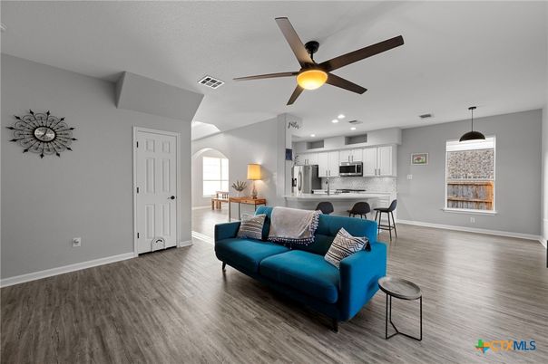 Interior, Kitchen, Living room, Pendant Lights, Recessed Lighting, Stainless Steel Appliances, Wood Texture Flooring