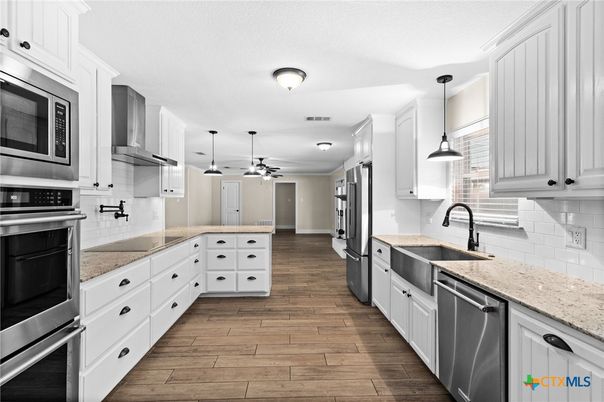 Interior, Kitchen, Pendant Lights, Stainless Steel Appliances, Wood Texture Flooring