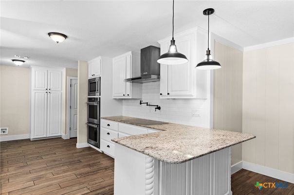 Interior, Kitchen, Pendant Lights, Stainless Steel Appliances, Wood Texture Flooring