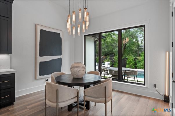 Dining room, Interior, Pendant Lights, Wood Texture Flooring