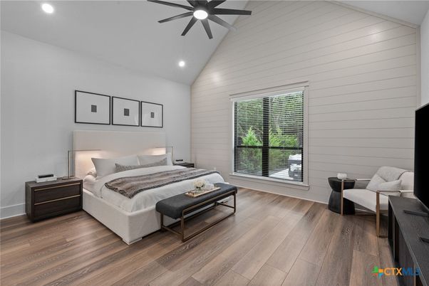 Bedroom, Interior, Recessed Lighting, Wood Texture Flooring