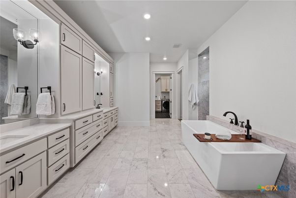 Bathroom, Dual Sink Vanities, Free Standing Baths, Interior, Marble, Recessed Lighting