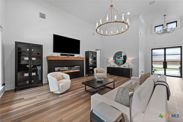 Chandelier, Fireplace, Interior, Living room, Pendant Lights, Wood Texture Flooring