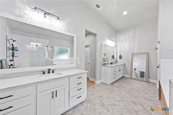 Bathroom, Dual Sink Vanities, Interior, Recessed Lighting, Wood Texture Flooring