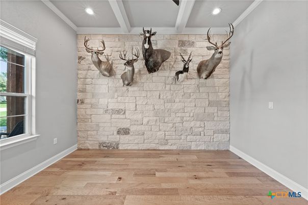 Empty room, Interior, Recessed Lighting, Stone Walls, Wood Texture Flooring