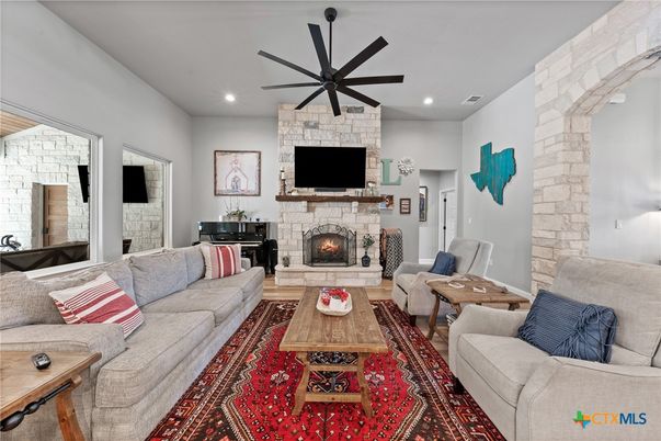 Fireplace, Interior, Living room, Recessed Lighting, Stone Walls