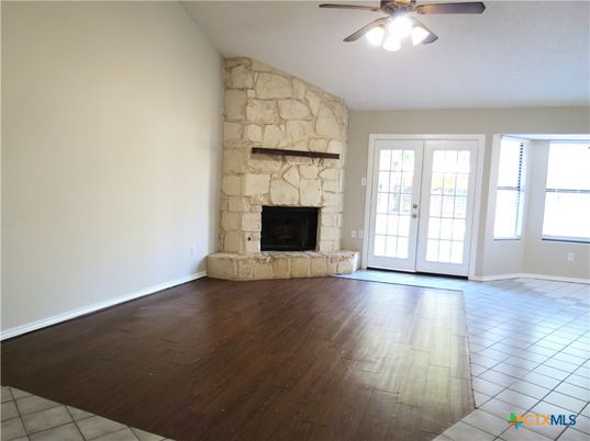 Empty room, Fireplace, Interior, Stone Walls, Wood Texture Flooring