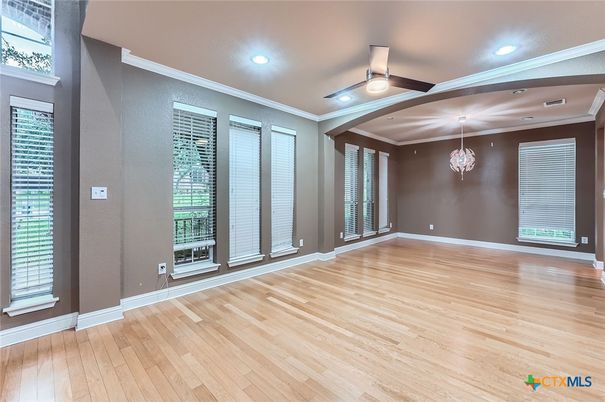 Chandelier, Empty room, Interior, Recessed Lighting, Wood Texture Flooring