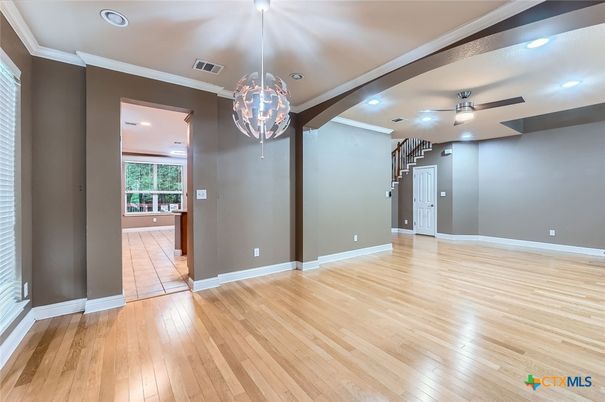Empty room, Interior, Pendant Lights, Recessed Lighting, Wood Texture Flooring