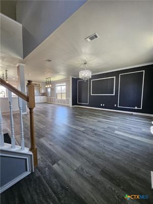 Chandelier, Empty room, Interior, Recessed Lighting, Wood Texture Flooring