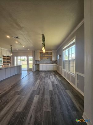 Empty room, Interior, Kitchen, Pendant Lights, Recessed Lighting, Wood Texture Flooring