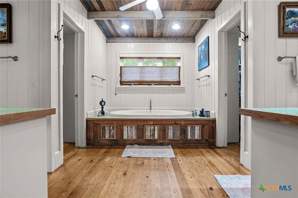 Bathroom, Interior, Recessed Lighting, Wooden Beams, Wooden Ceilings, Wood Texture Flooring