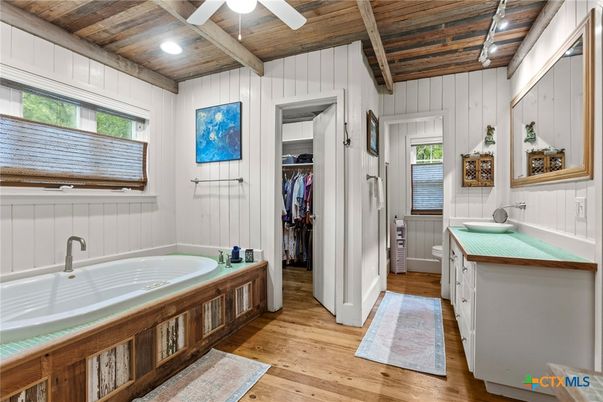 Bathroom, Interior, Recessed Lighting, Wooden Beams, Wooden Ceilings, Wood Texture Flooring