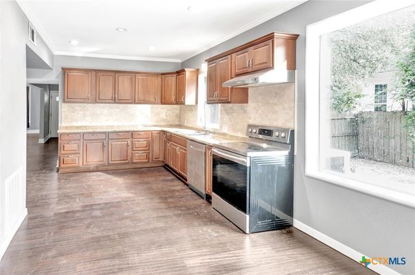 Interior, Kitchen, Recessed Lighting, Stainless Steel Appliances, Wood Texture Flooring