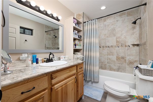 Bathroom, Dual Sink Vanities, Interior, Recessed Lighting, Wood Texture Flooring