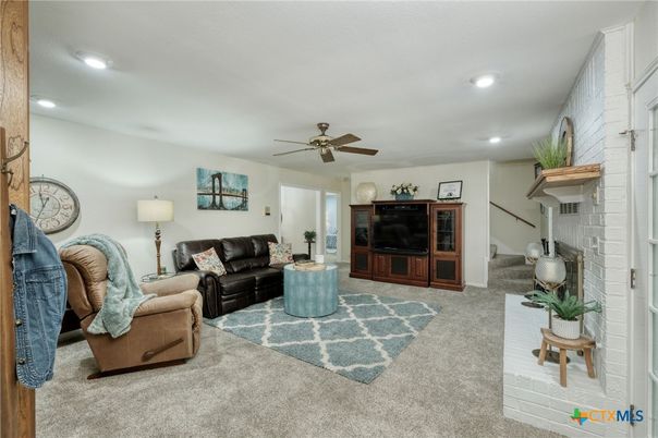 Fireplace, Interior, Living room, Recessed Lighting, Stone Walls