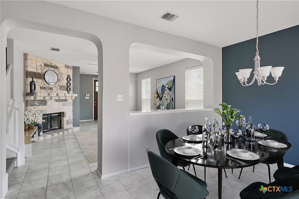 Chandelier, Dining room, Fireplace, Interior