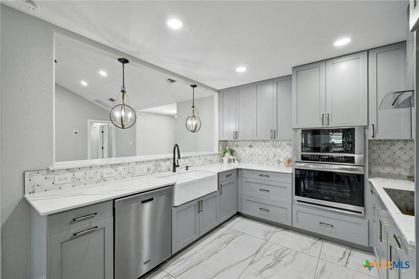 Interior, Kitchen, Marble, Pendant Lights, Recessed Lighting, Stainless Steel Appliances