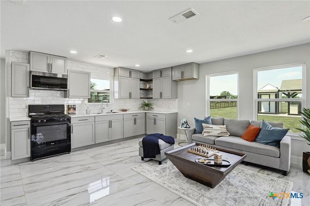 Interior, Kitchen, Living room, Marble, Recessed Lighting, Stainless Steel Appliances