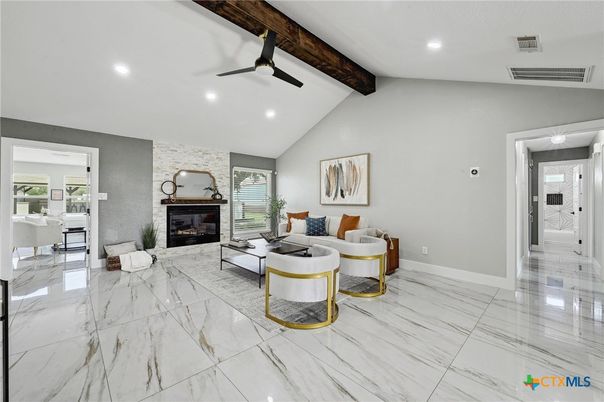 Fireplace, Interior, Living room, Marble, Recessed Lighting, Stone Walls, Wooden Beams