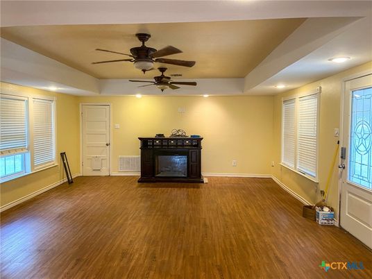 Empty room, Fireplace, Interior, Recessed Lighting, Wood Texture Flooring