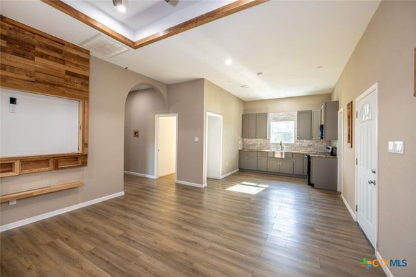 Empty room, Interior, Kitchen, Recessed Lighting, Wood Texture Flooring, Wooden Walls