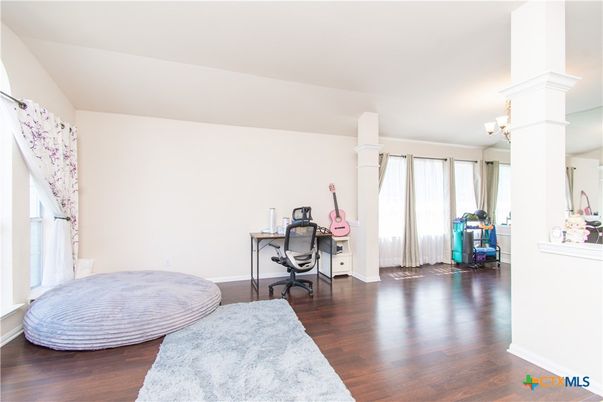 Bedroom, Chandelier, Home Office, Interior, Wood Texture Flooring