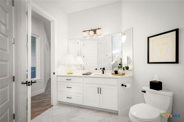 Bathroom, Dual Sink Vanities, Interior, Marble, Wood Texture Flooring
