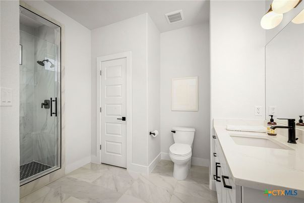 Bathroom, Dual Sink Vanities, Glass Shower, Interior, Marble
