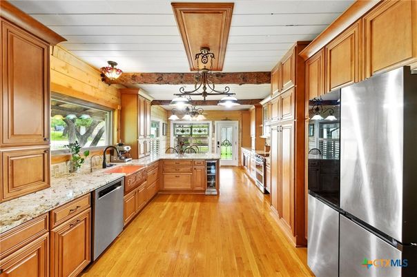 Chandelier, Interior, Kitchen, Stainless Steel Appliances, Wood Texture Flooring