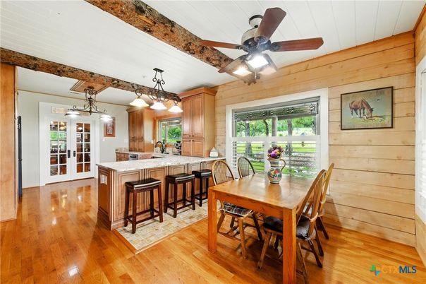 Dining room, Interior, Kitchen, Pendant Lights, Wood Texture Flooring, Wooden Walls