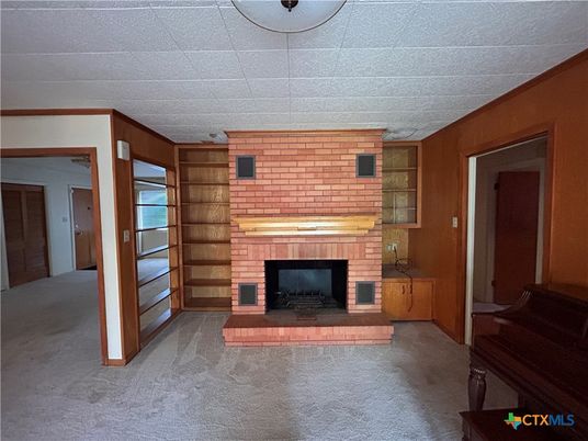 Empty room, Fireplace, Interior, Piano, Stone Walls, Wooden Walls