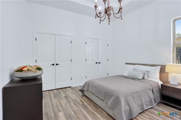 Bedroom, Chandelier, Interior, Wood Texture Flooring