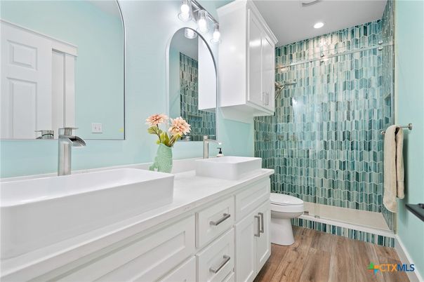 Bathroom, Glass Shower, Interior, Recessed Lighting, Wood Texture Flooring