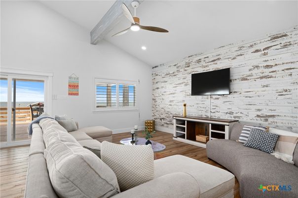 Interior, Living room, Recessed Lighting, Stone Walls, Wood Texture Flooring