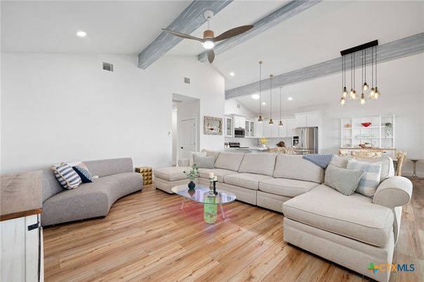 Interior, Kitchen, Living room, Pendant Lights, Recessed Lighting, Stainless Steel Appliances, Wood Texture Flooring