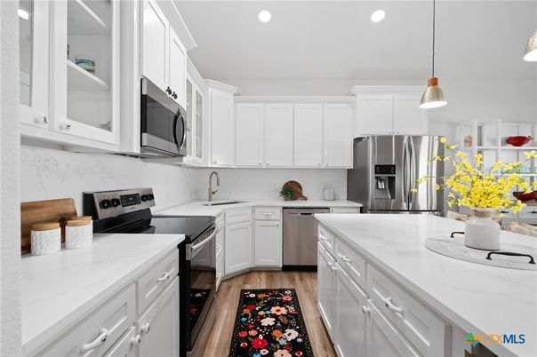 Interior, Kitchen, Pendant Lights, Recessed Lighting, Stainless Steel Appliances, Wood Texture Flooring