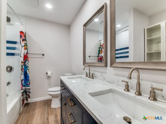 Bathroom, Dual Sink Vanities, Interior, Recessed Lighting, Wood Texture Flooring
