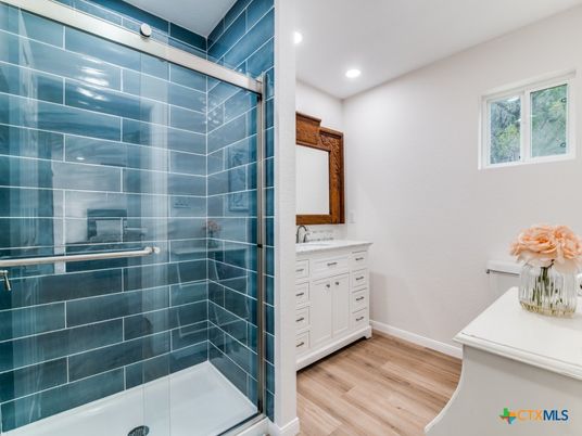Bathroom, Glass Shower, Interior, Recessed Lighting, Wood Texture Flooring