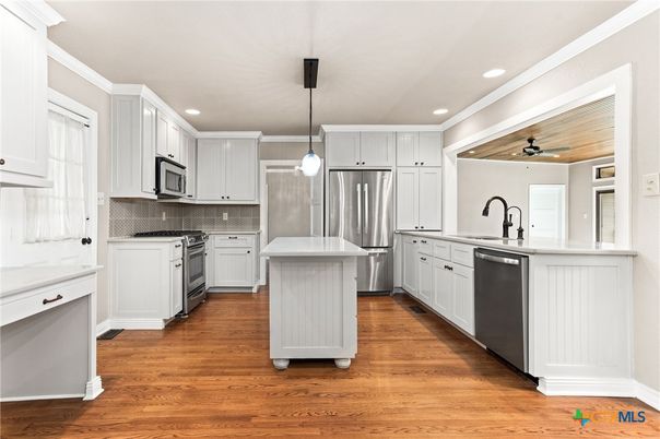 Interior, Kitchen, Pendant Lights, Recessed Lighting, Stainless Steel Appliances, Wood Texture Flooring