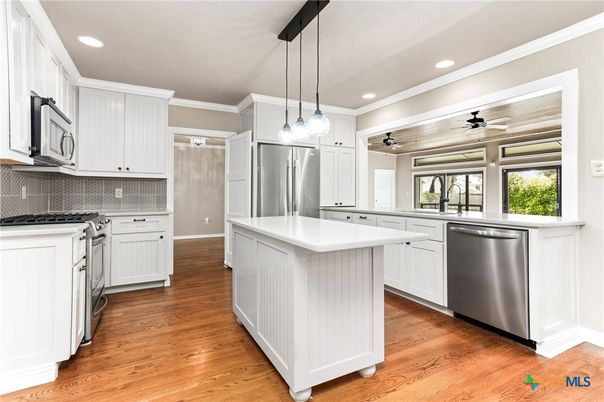 Interior, Kitchen, Pendant Lights, Recessed Lighting, Stainless Steel Appliances, Wood Texture Flooring