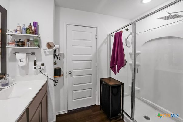 Bathroom, Glass Shower, Interior, Recessed Lighting, Wood Texture Flooring