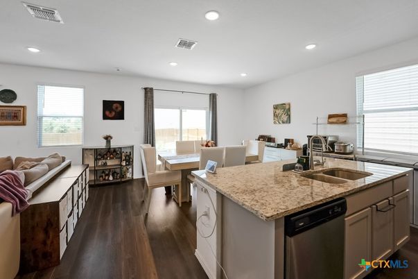 Dining room, Interior, Kitchen, Recessed Lighting, Wood Texture Flooring