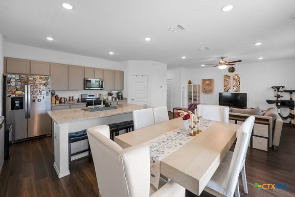 Dining room, Interior, Kitchen, Recessed Lighting, Stainless Steel Appliances, Wood Texture Flooring