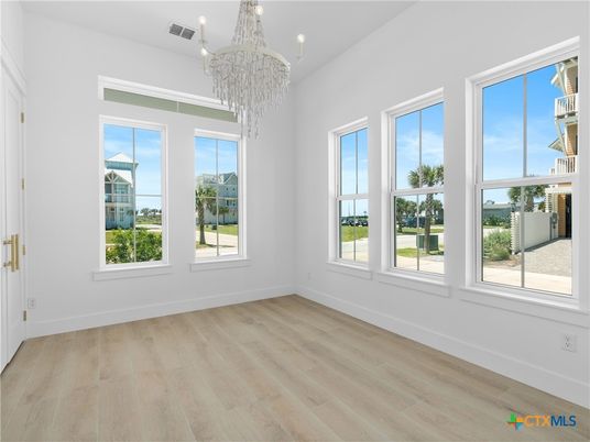 Chandelier, Empty room, Interior, Recessed Lighting, Wood Texture Flooring