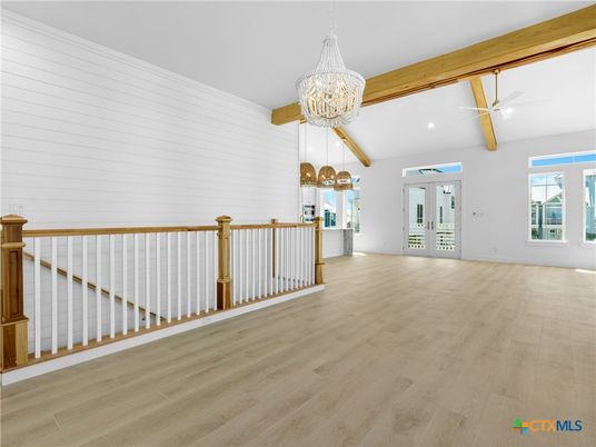 Chandelier, Interior, Recessed Lighting, Wooden Beams, Wood Texture Flooring