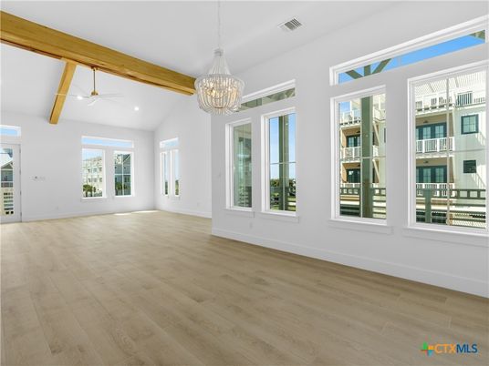 Chandelier, Empty room, Interior, Pendant Lights, Recessed Lighting, Wooden Beams, Wood Texture Flooring
