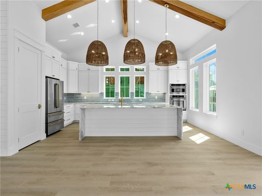 Interior, Kitchen, Pendant Lights, Recessed Lighting, Stainless Steel Appliances, Wooden Beams, Wood Texture Flooring