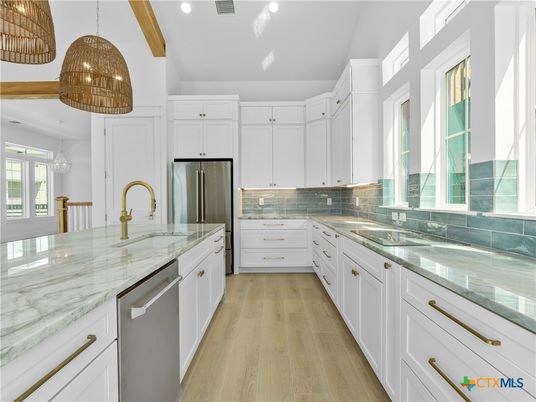 Interior, Kitchen, Pendant Lights, Recessed Lighting, Stainless Steel Appliances, Wooden Beams, Wood Texture Flooring