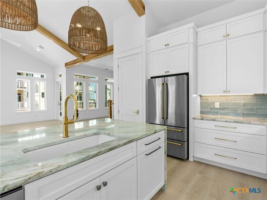Interior, Kitchen, Recessed Lighting, Stainless Steel Appliances, Wooden Beams, Wood Texture Flooring